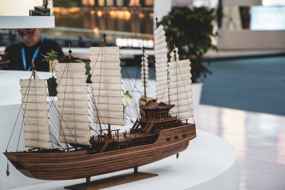 The ship model on display in Yuzhong Pavilion at 