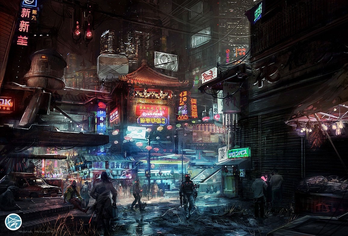 Stylized Cyberpunk Chongqing. "The mediocre hermit resides in the forest; the great hermit lives in the city."
