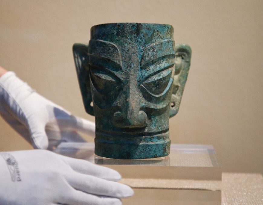 Bronze head with golden mask, collection of Sanxingdui Museum in Guanghan city, Sichuan Province, China.