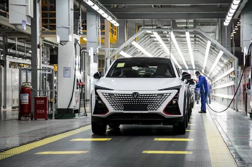 New cars roll off the production line.