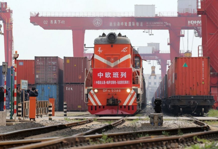 A China-Europe freight train loaded with medical supplies pulls out of a China-Kazakhstan logistics terminal in Lianyungang, east China's Jiangsu Province, April 14, 2020.