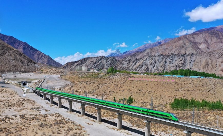 A Fuxing bullet train runs on the Lhasa-Nyingchi railway in southwest China's Tibet Autonomous Region, April 14, 2022.