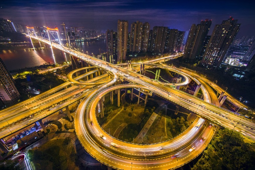 The intricate flyover at night in Chongqing, photo credit to Zou Xiaoming